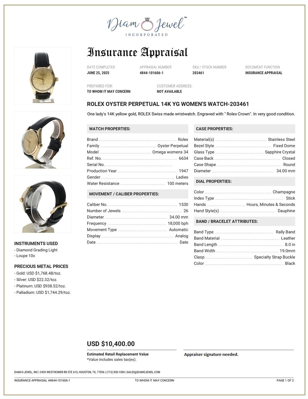 Rolex Oyster Perpetual 34 Yellow-gold 6634 Champagne Dial Womens 34-mm Automatic self-wind Sapphire crystal. Swiss Made Wrist Watch