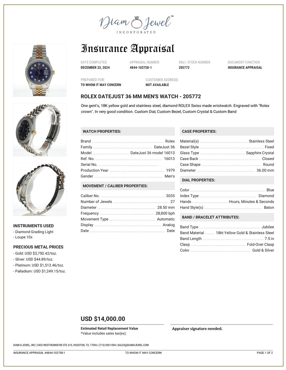 Rolex DateJust 36 Stainless-steel 16013 Blue Dial Mens 36-mm Automatic self-wind Sapphire crystal. Swiss Made Wrist Watch