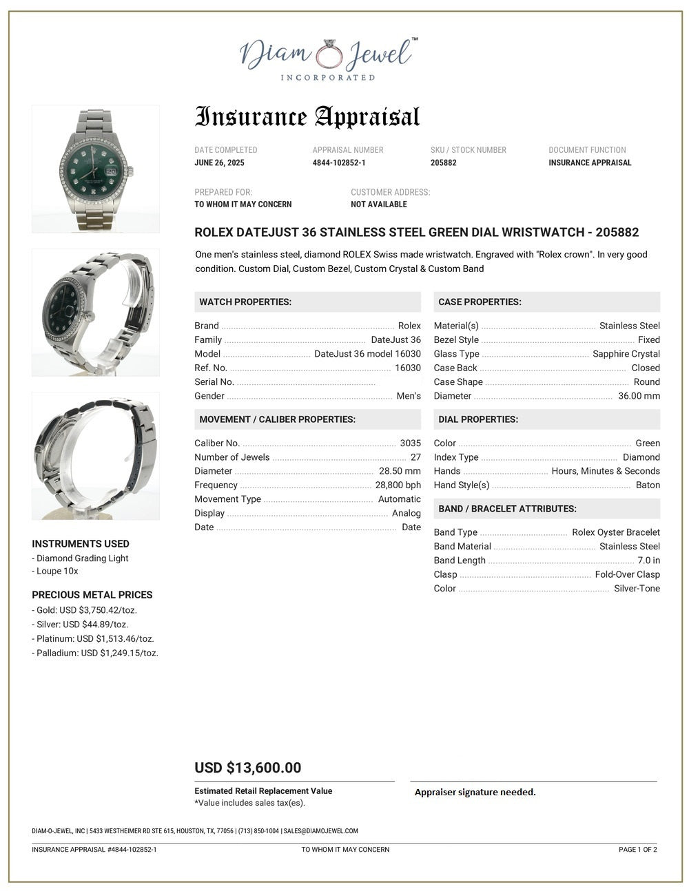 Rolex DateJust 36 Stainless-steel 16030 Green Dial Mens 36-mm Automatic self-wind Sapphire crystal. Swiss Made Wrist Watch