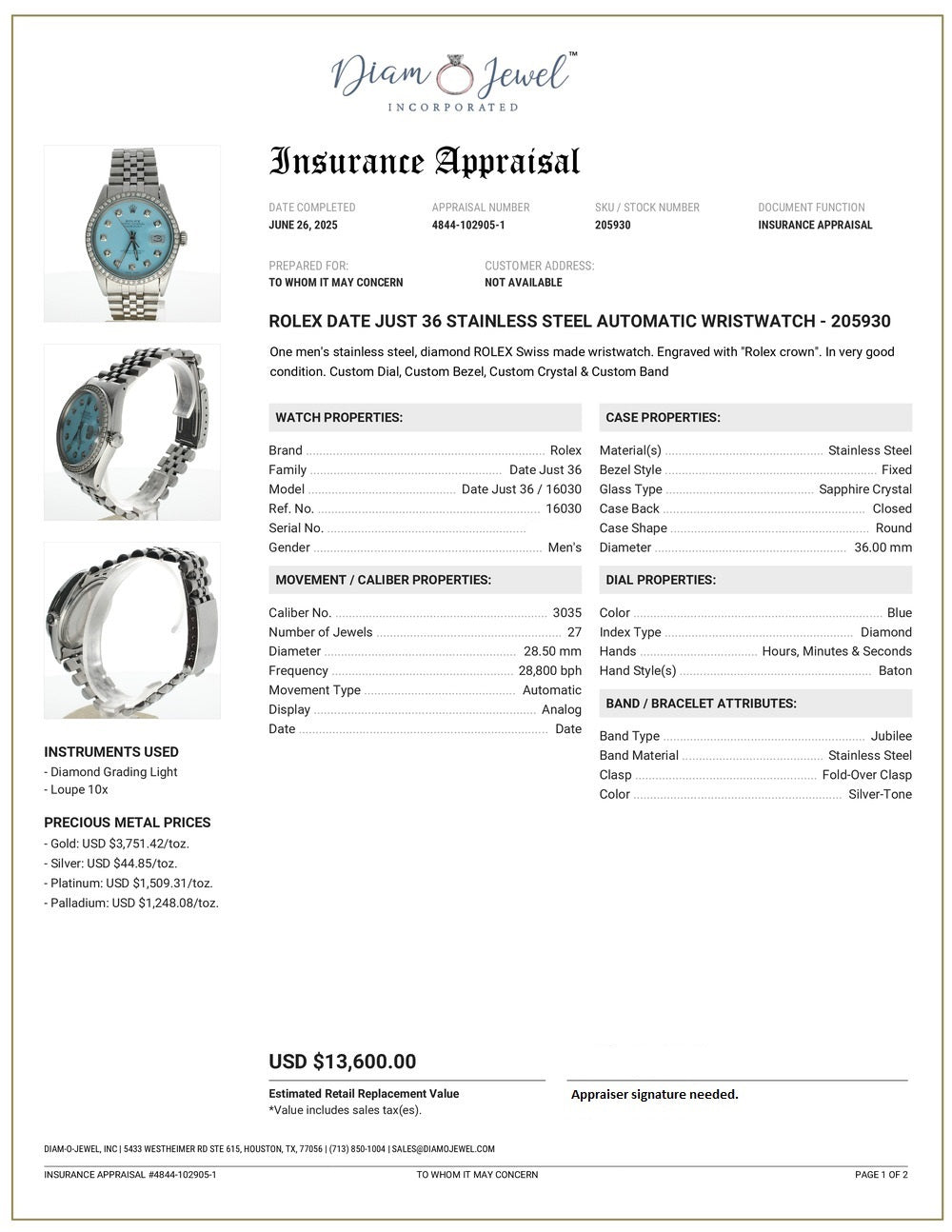 Rolex DateJust 36 Stainless-steel 16030 Blue Dial Mens 36-mm Automatic self-wind Sapphire crystal. Swiss Made Wrist Watch