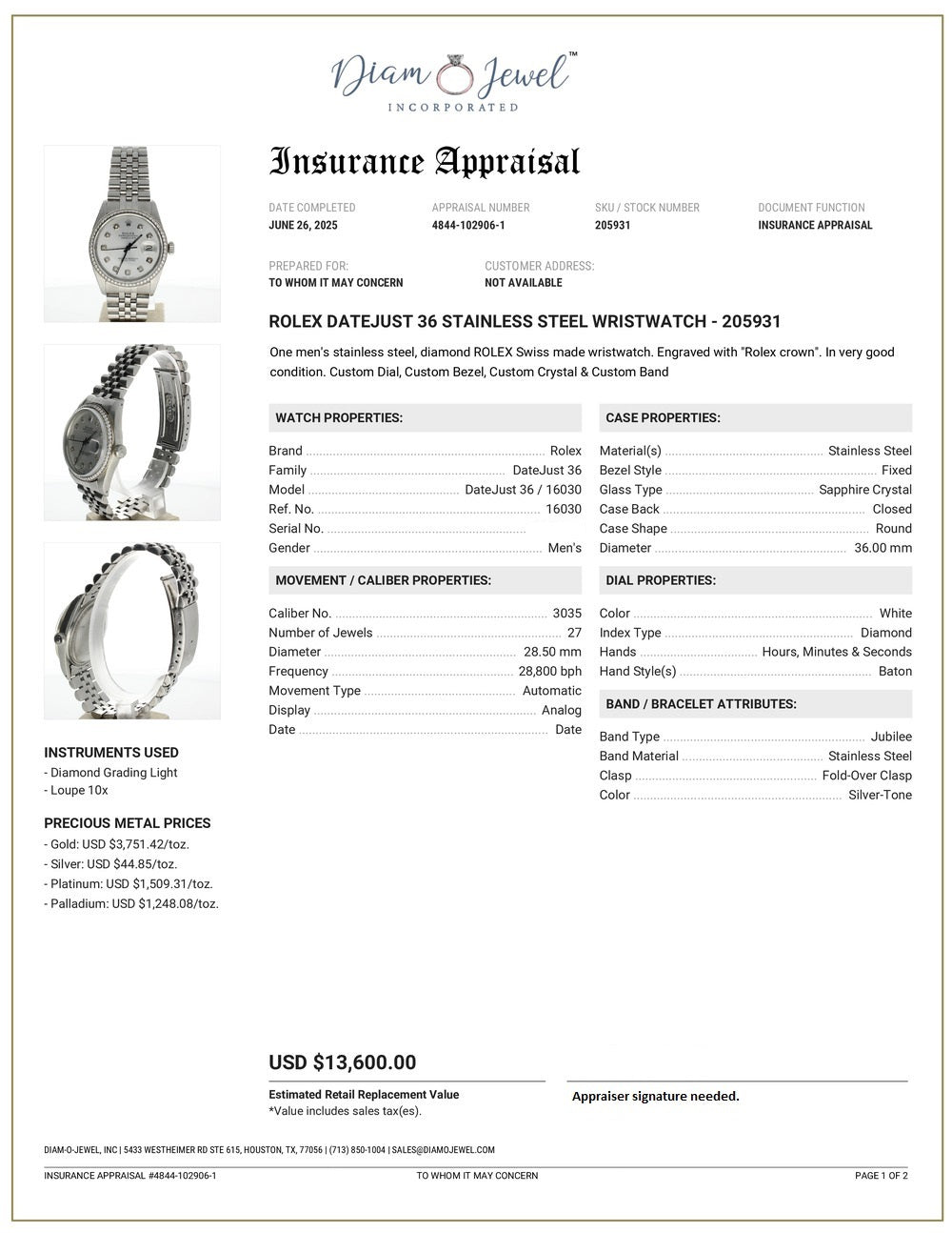 Rolex DateJust 36 Stainless-steel 16030 White Dial Mens 36-mm Automatic self-wind Sapphire crystal. Swiss Made Wrist Watch