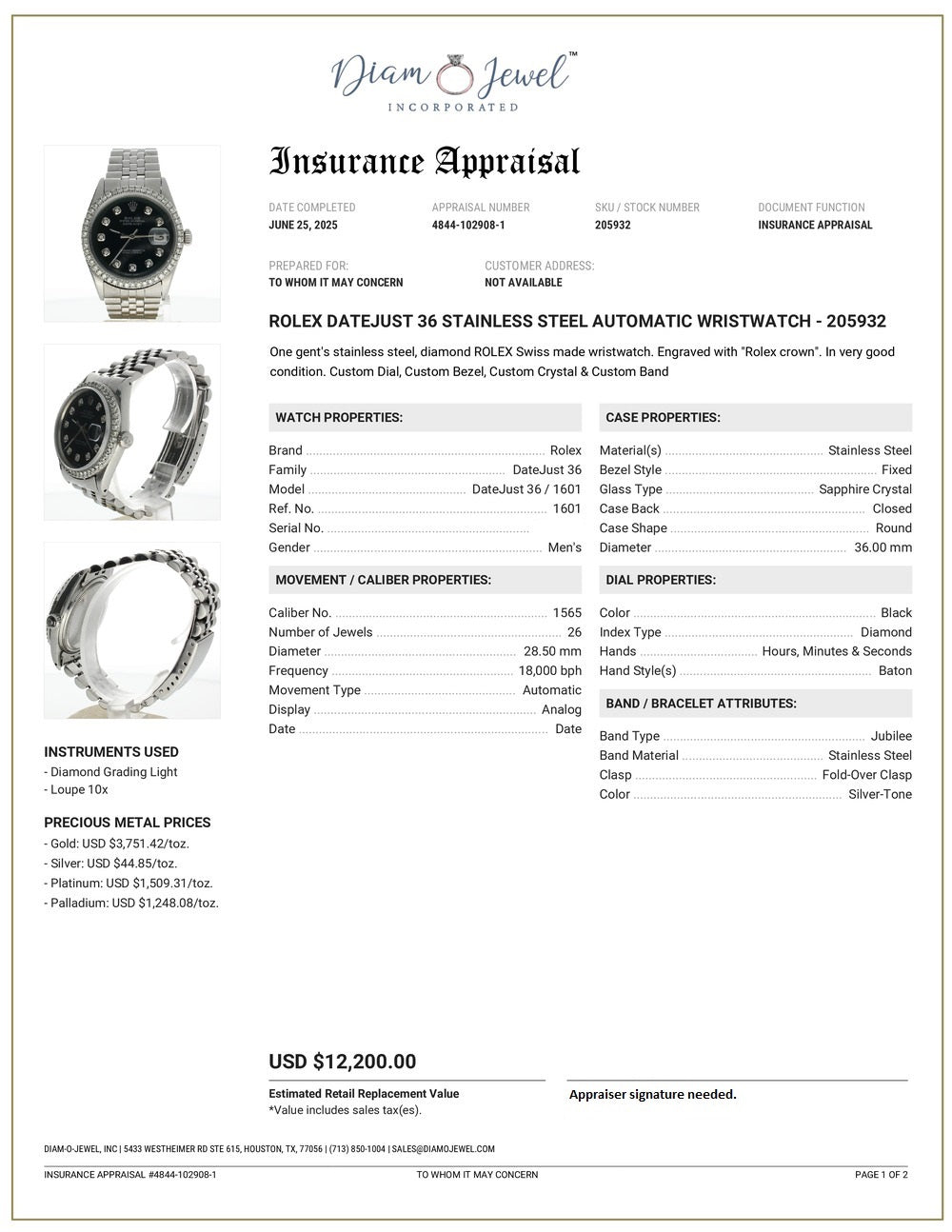 Rolex DateJust 36 Stainless-steel 1601 Black Dial Mens 36-mm Automatic self-wind Sapphire crystal. Swiss Made Wrist Watch
