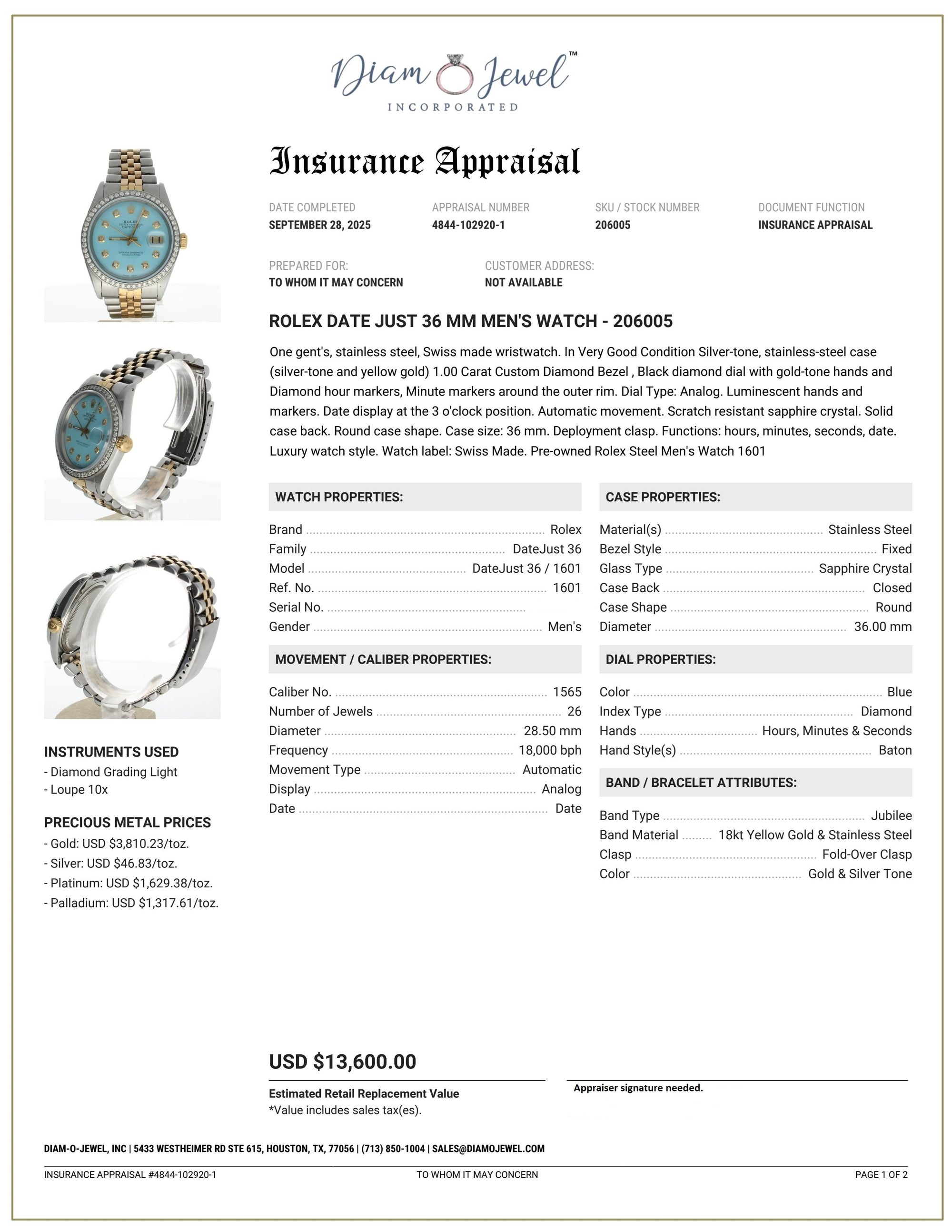 Rolex DateJust 36 Stainless-steel 1601 Blue Dial Mens 36-mm Automatic self-wind Sapphire crystal. Swiss Made Wrist Watch