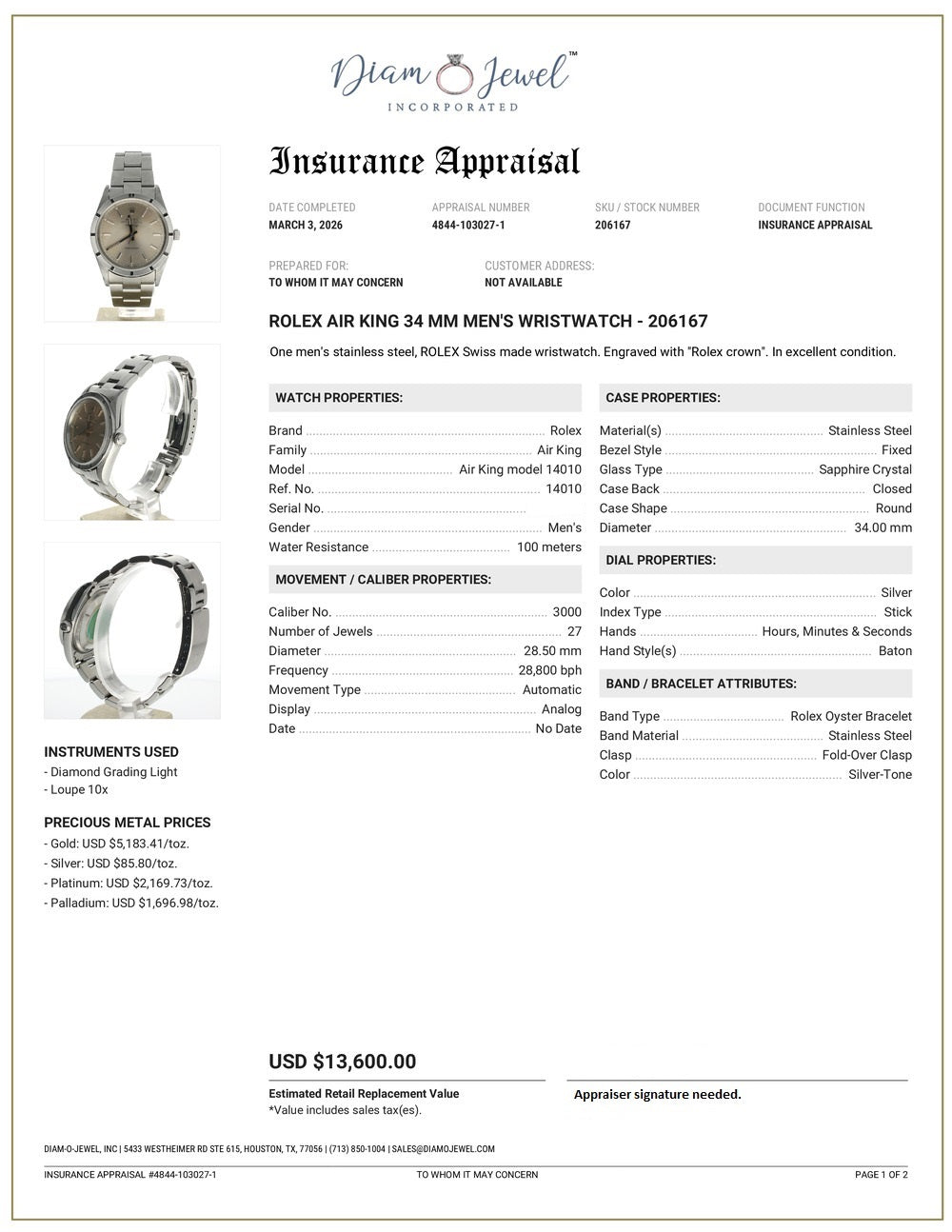 Rolex Air-King Stainless-steel 14010 Silver Dial Mens 34-mm Automatic self-wind Sapphire crystal. Swiss Made Wrist Watch