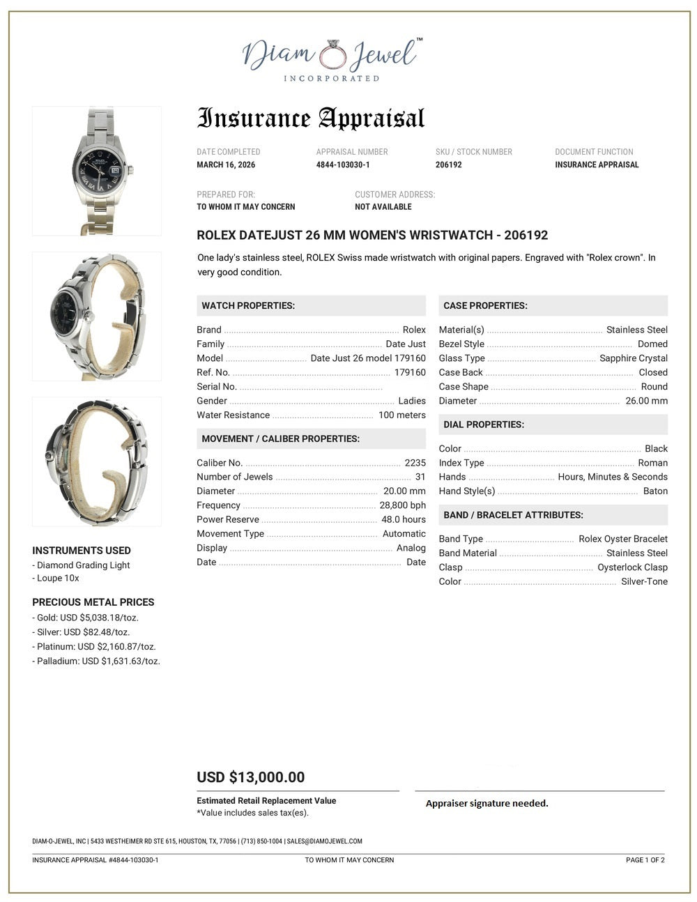 Rolex DateJust 26 Stainless-steel 179160 Black Dial Womens 26-mm Automatic self-wind Sapphire crystal. Swiss Made Wrist Watch