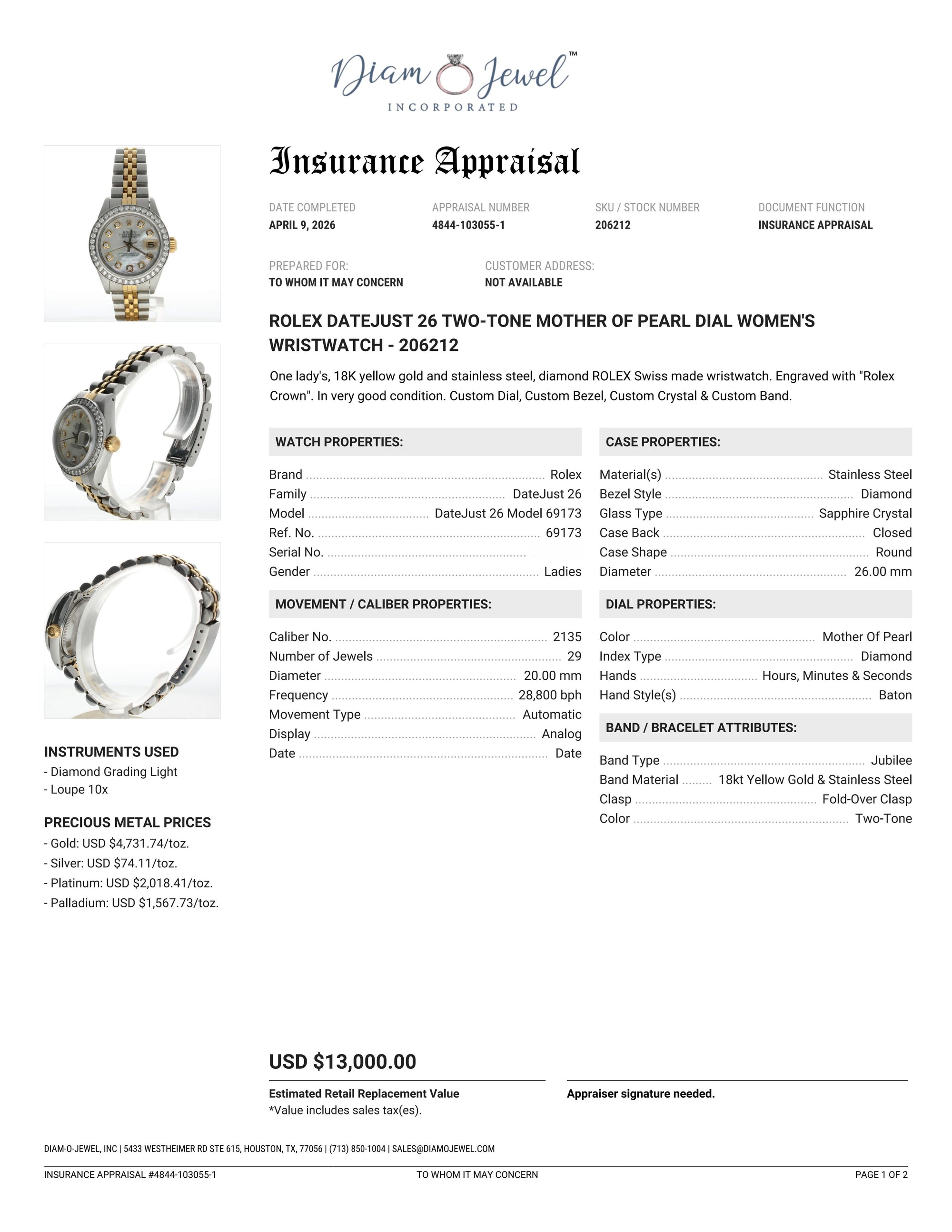 Rolex DateJust 26 Stainless-steel 69173 Mother-of-Pearl Dial Womens 26-mm Automatic self-wind Sapphire crystal. Swiss Made Wrist Watch