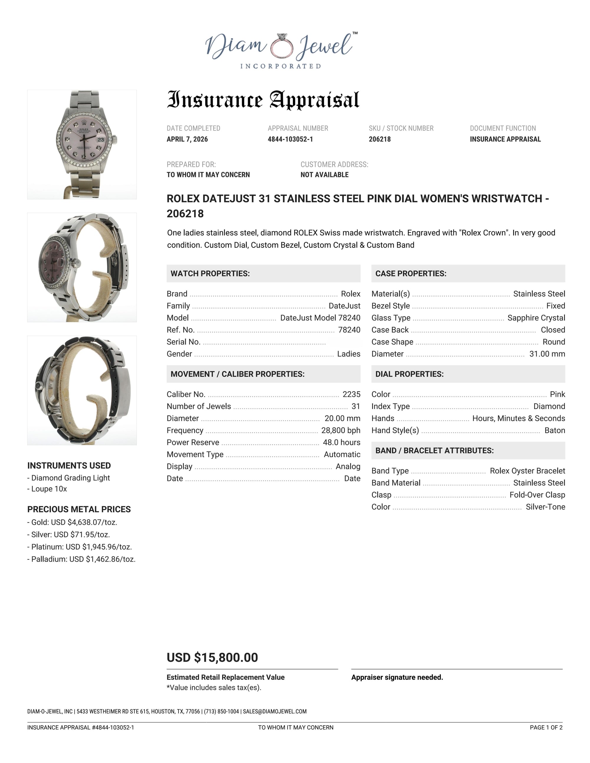 Rolex DateJust 31 Stainless-steel 78240 Pink Dial Womens 31-mm Automatic self-wind Sapphire crystal. Swiss Made Wrist Watch