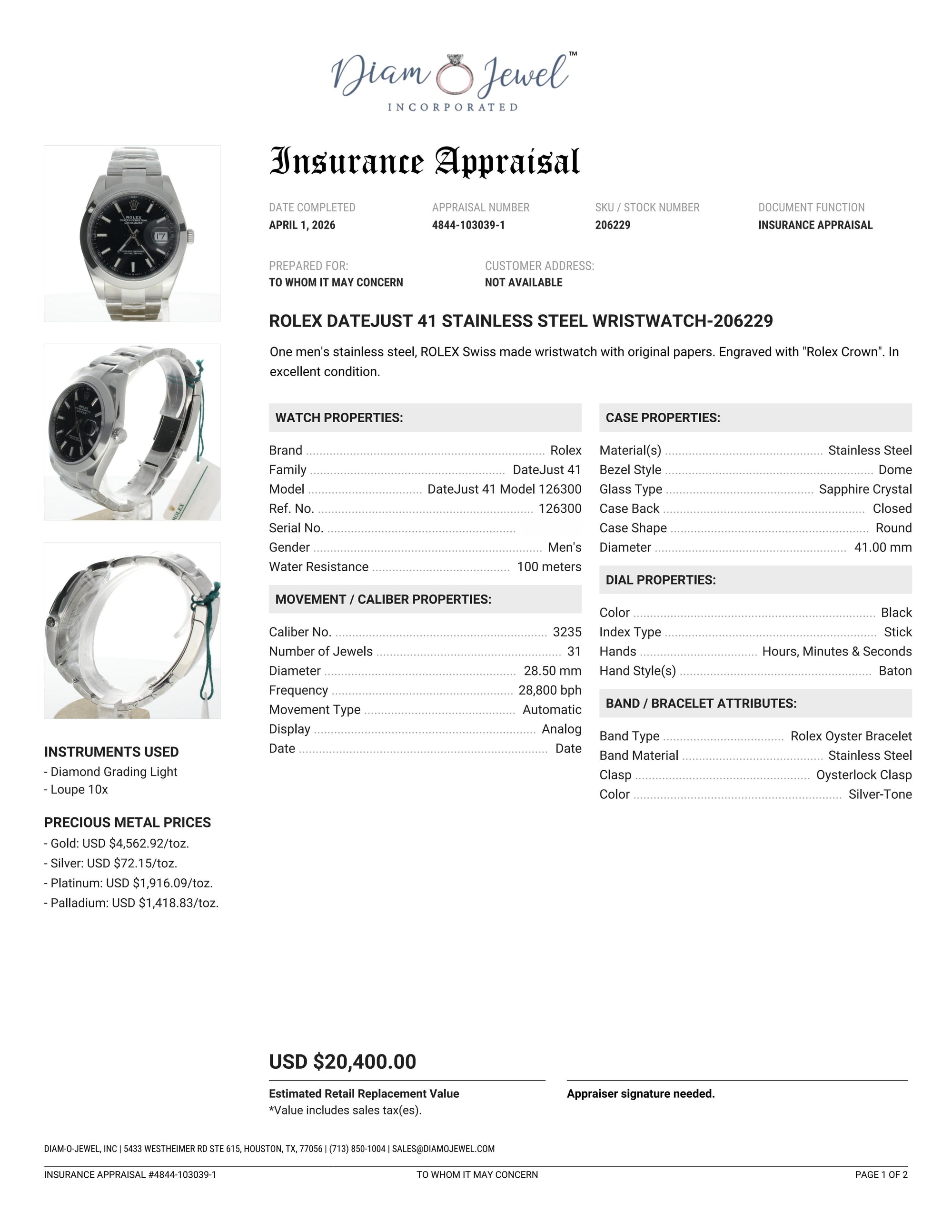 Rolex DateJust 41 Stainless-steel 126300 Black Dial Mens 41-mm Automatic self-wind Sapphire crystal. Swiss Made Wrist Watch