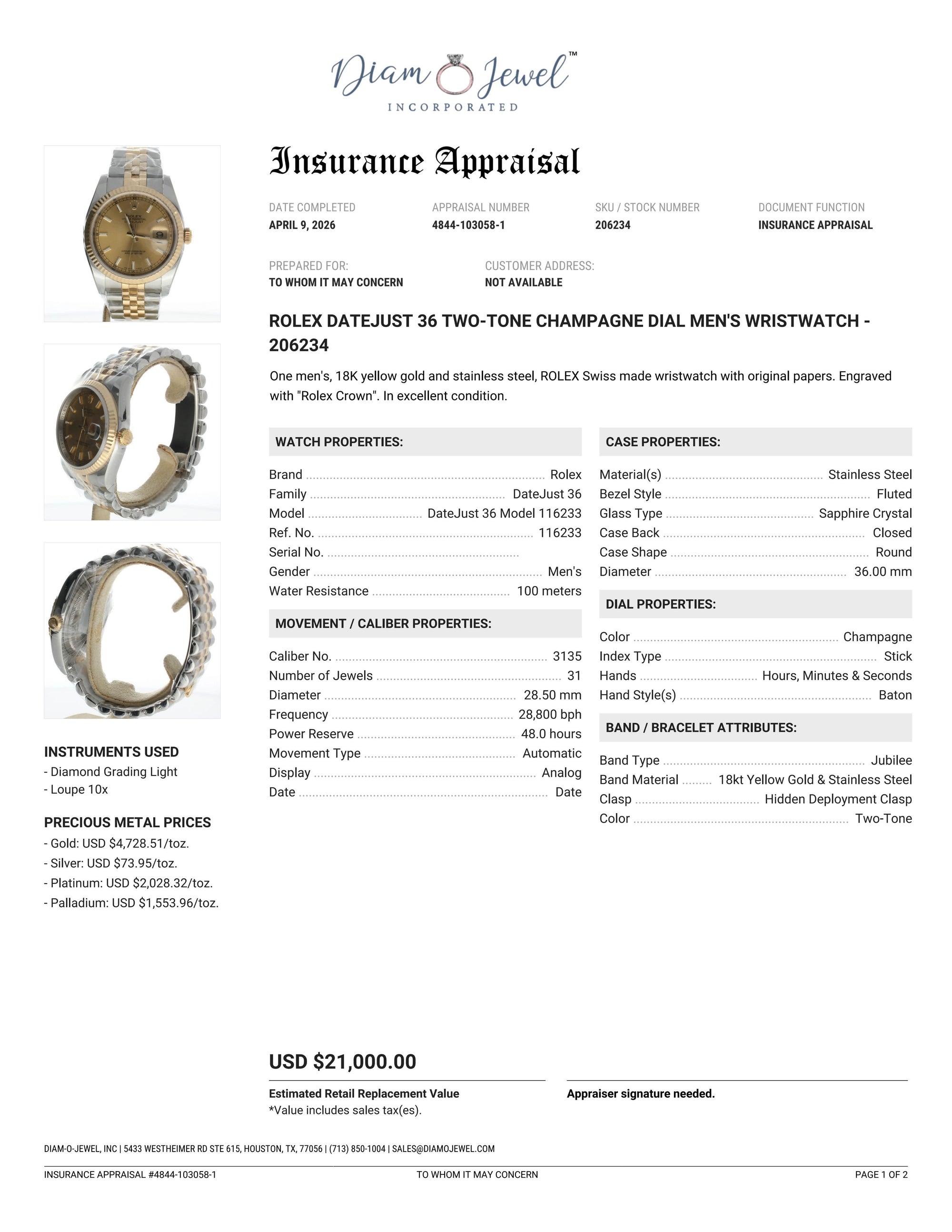 Rolex DateJust 36 Stainless-steel 116233 Champagne Dial Mens 36-mm Automatic self-wind Sapphire crystal. Swiss Made Wrist Watch