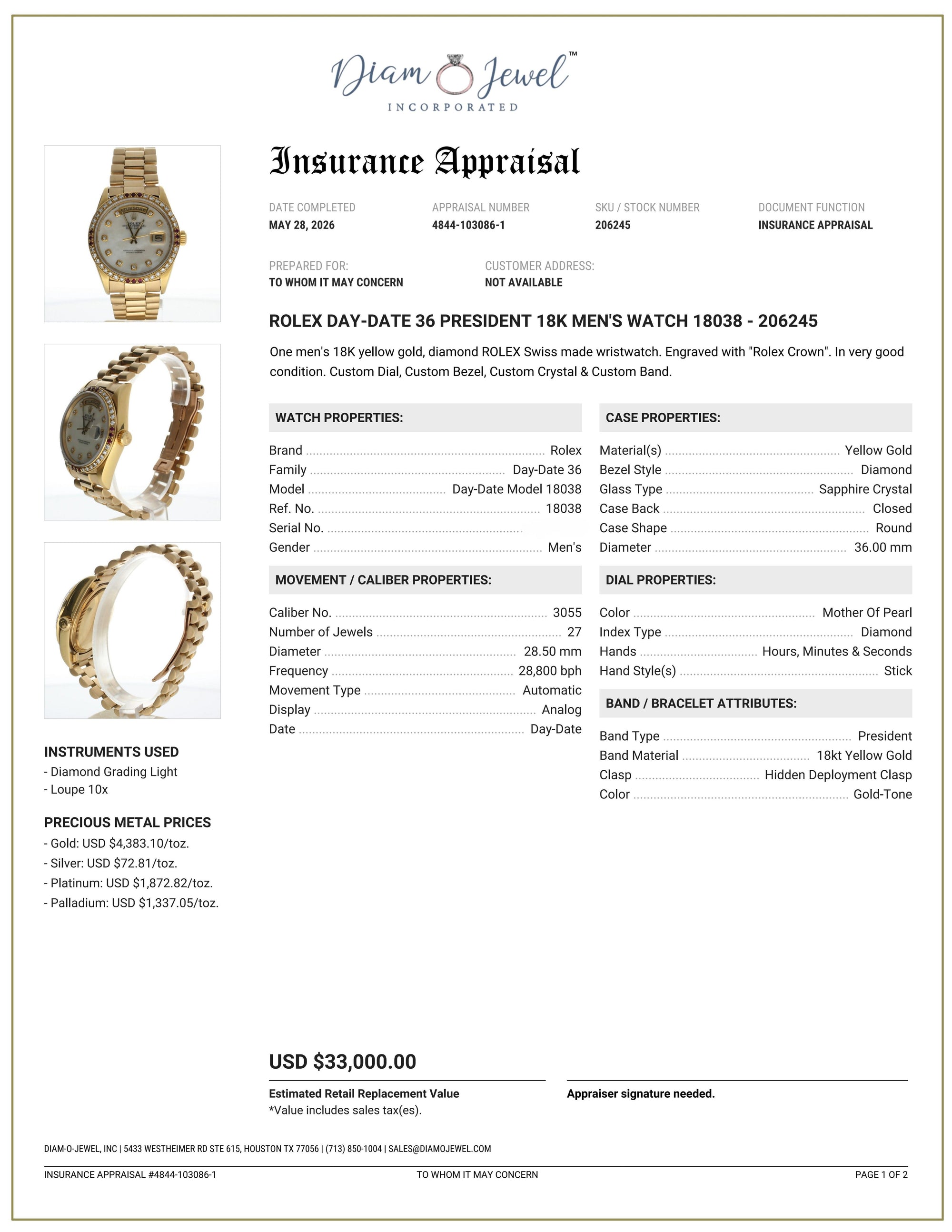 Rolex Day-Date 36 Yellow-gold 18038 Mother-of-Pearl Dial Mens 36-mm Automatic self-wind Sapphire crystal. Swiss Made Wrist Watch