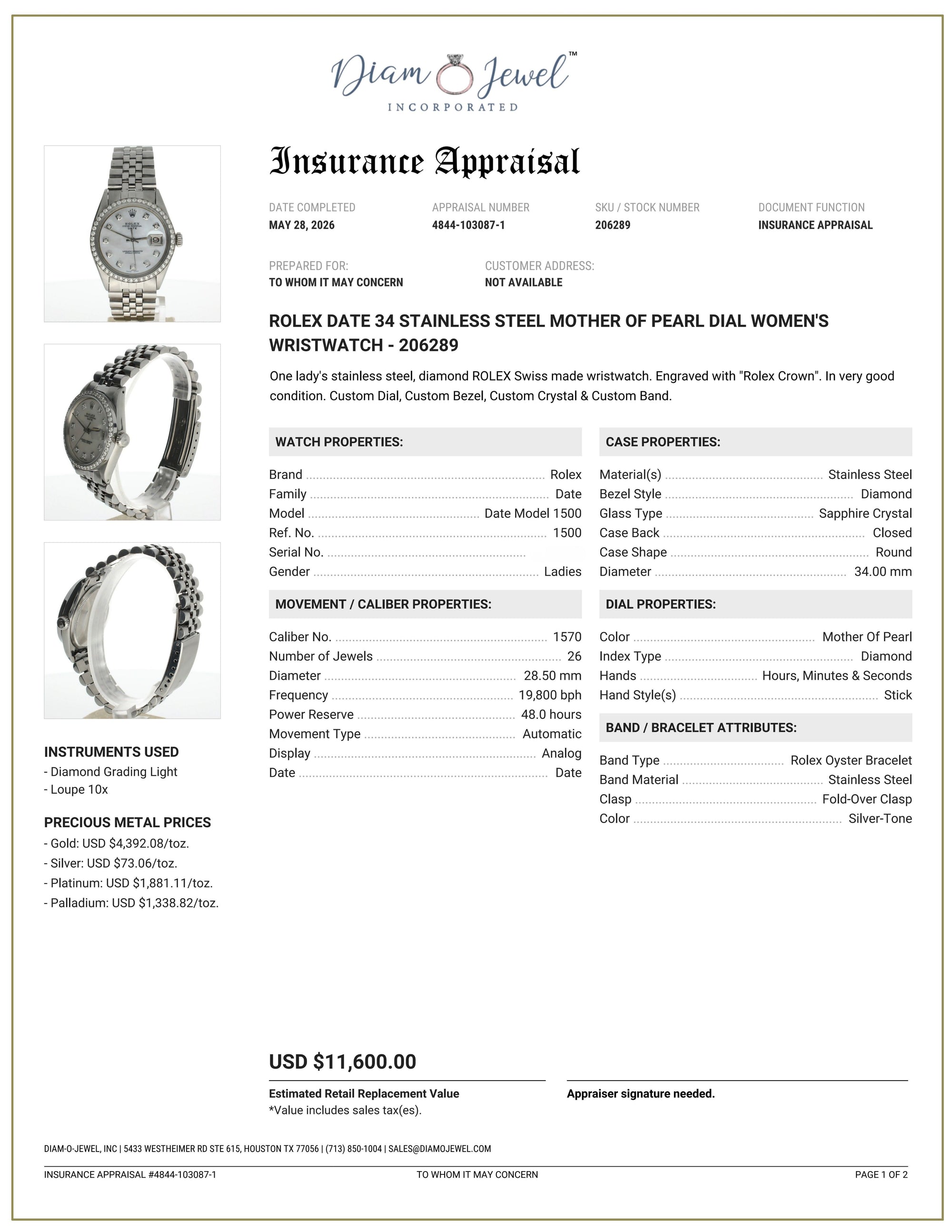Rolex Date 34 Stainless-steel 1500 Mother-of-Pearl Dial Womens 34-mm Automatic self-wind Sapphire crystal. Swiss Made Wrist Watch