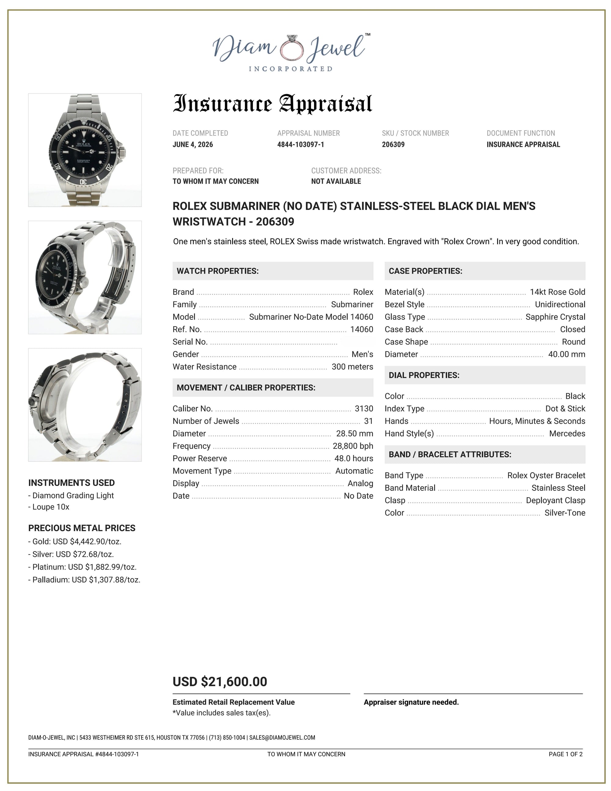 Rolex Submariner (no date) Stainless-steel 14060 Black Dial Mens 40-mm Automatic self-wind Sapphire crystal. Swiss Made Wrist Watch