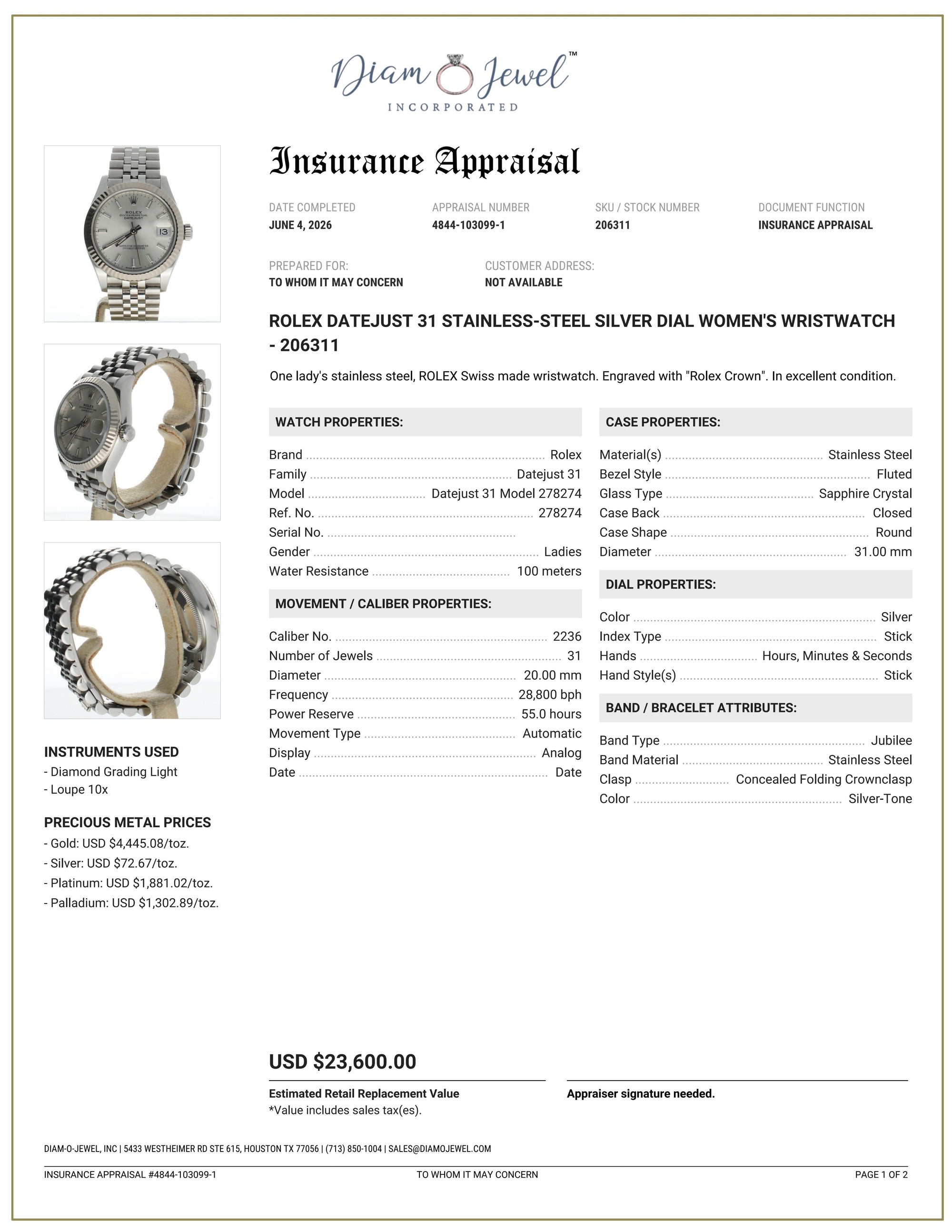 Rolex DateJust 31 Stainless-steel 278274 Silver Dial Womens 31-mm Automatic self-wind Sapphire crystal. Swiss Made Wrist Watch