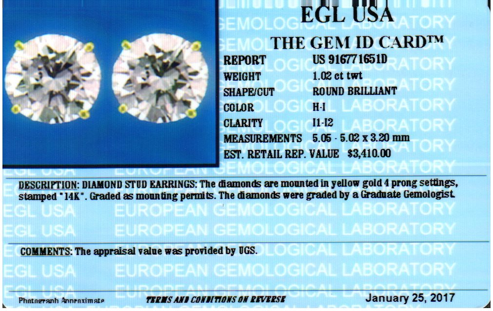 1.02 Ct. T.W. Diamond Studs In 14 Karat Yellow Gold
