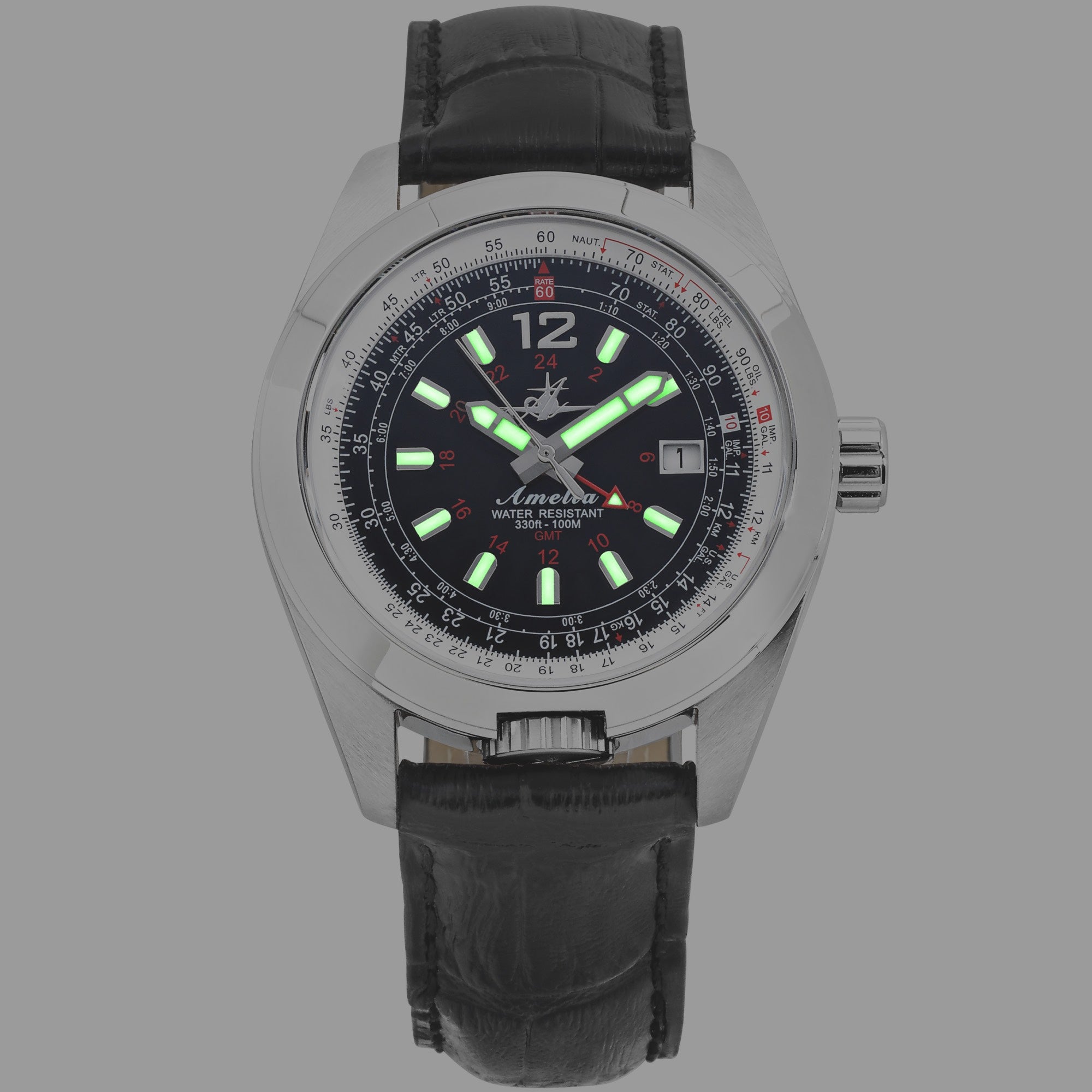 Abingdon Amelia Runway Black GMT Pilot Watch with Black Leather Strap AM-RB