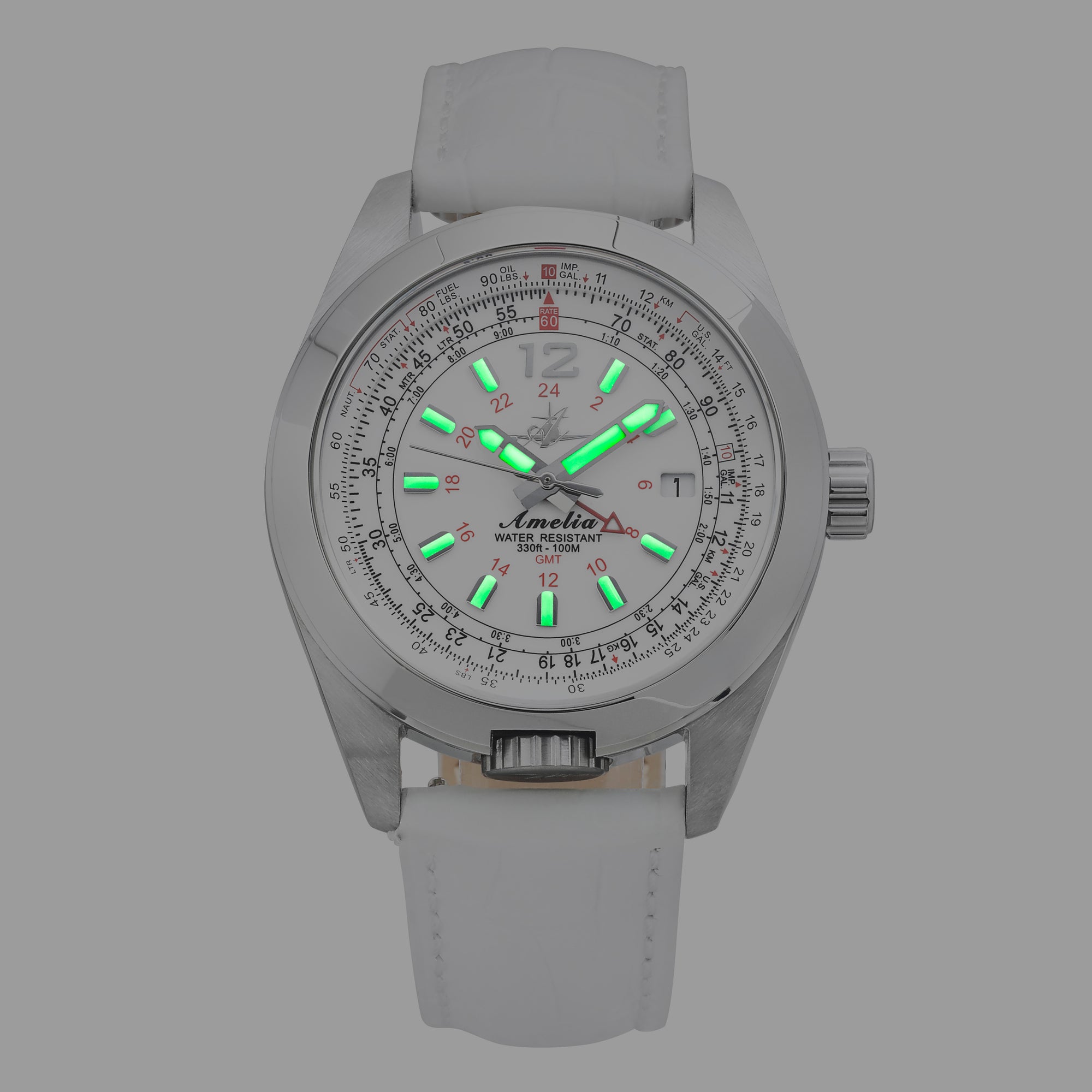 Abingdon Amelia Cloud White GMT Pilot Watch with White Leather Strap AM-CW