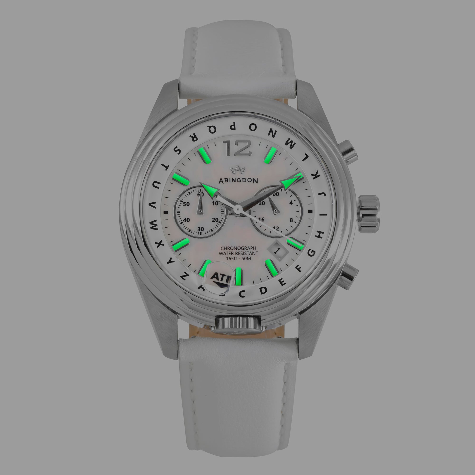 Abingdon Womens Katherine Pearl White Chronograph ATIS Pilot Watch with White Leather Strap KA-PWHI