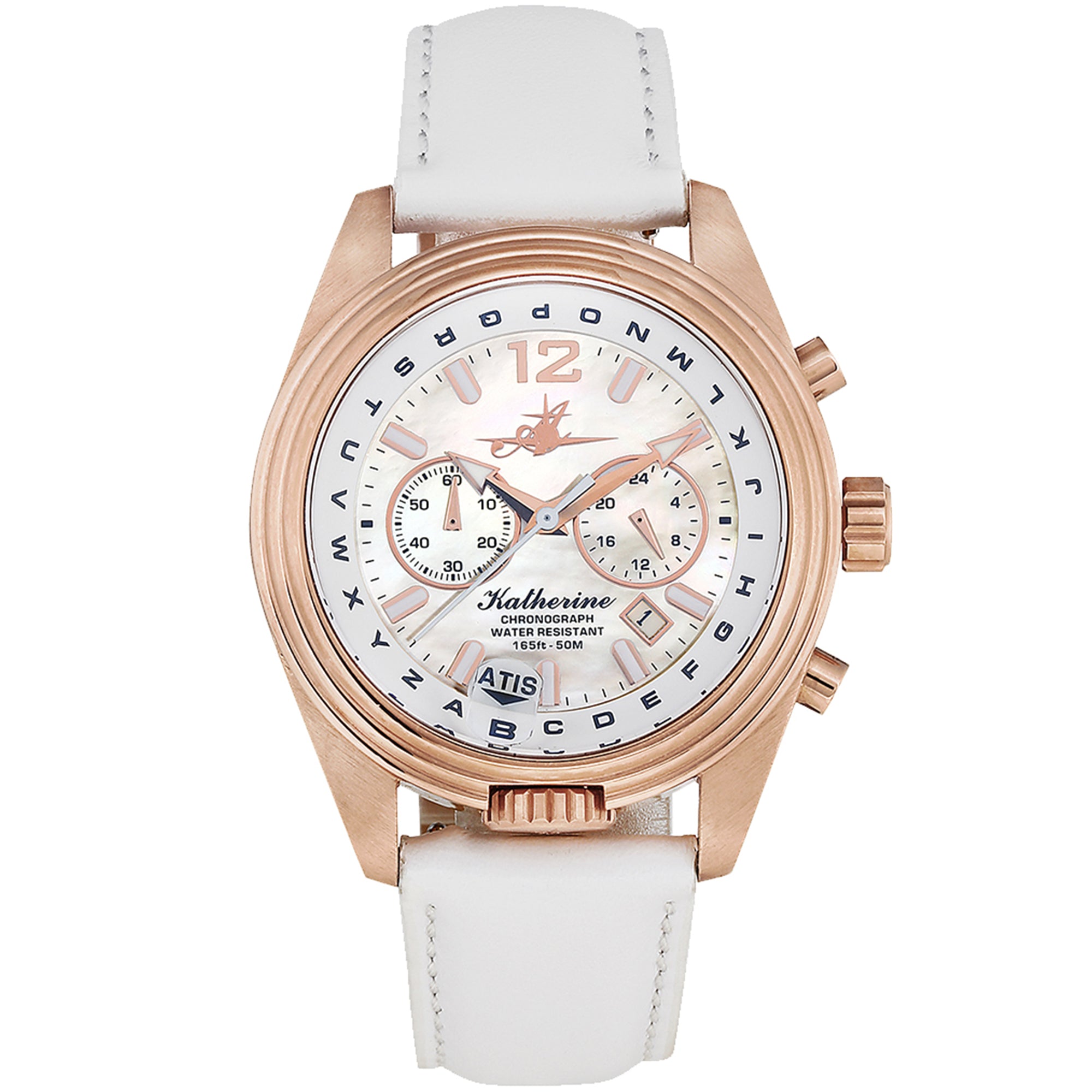 Abingdon Womens Katherine Rose Sun Chronograph ATIS Pilot Watch KA-RSUN with White Leather Strap